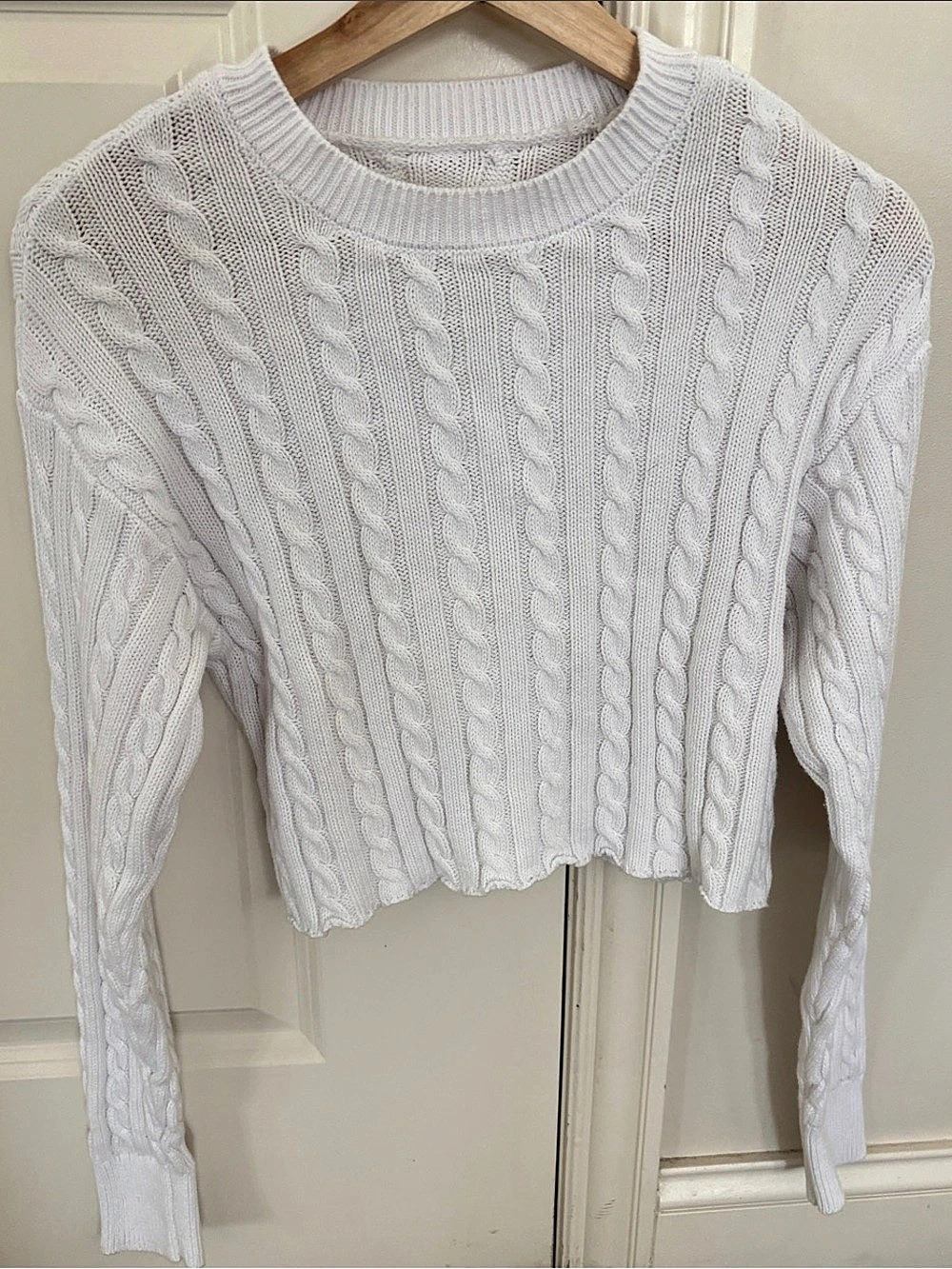 Aerie Cable Knit Crop Sweater, White, Small